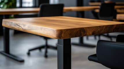 industrial standing desks, modern collaborative office space with standing desks featuring industrial designs, black piping, and rustic wooden tops
