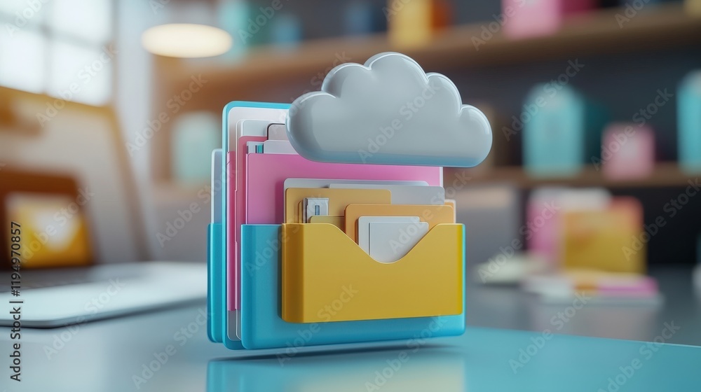 Poster digital cloud storage concept for online document management and database structure with colorful fi