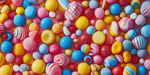 Obraz premium Colorful assortment of vibrant candies in various shapes scattered on a pastel background with hues of pink, blue, yellow, and red.