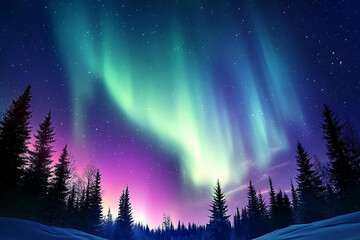 Naklejka premium Majestic Northern Lights Over Snowy Forest Lake Landscape at Night Generative AI Image