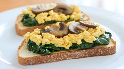 Nutritious Breakfast with Mushrooms, Spinach, Eggs, and Toast
