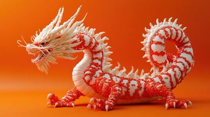 Obraz premium A colorful dragon sculpture with red and white details, placed against a striking orange backdrop, symbolizing power and cultural significance.