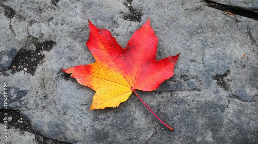 Poster a vibrant maple leaf transitioning from yellow to red resting on a gray stone