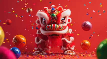 A colorful lion dance figure surrounded by confetti and vibrant spheres, set against a red backdrop, symbolizing the excitement and festivity of celebration.