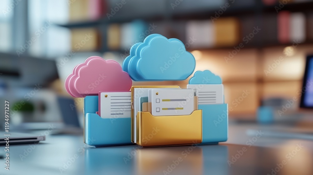 Poster colorful cloud storage icons representing online documentation and database management systems in a 