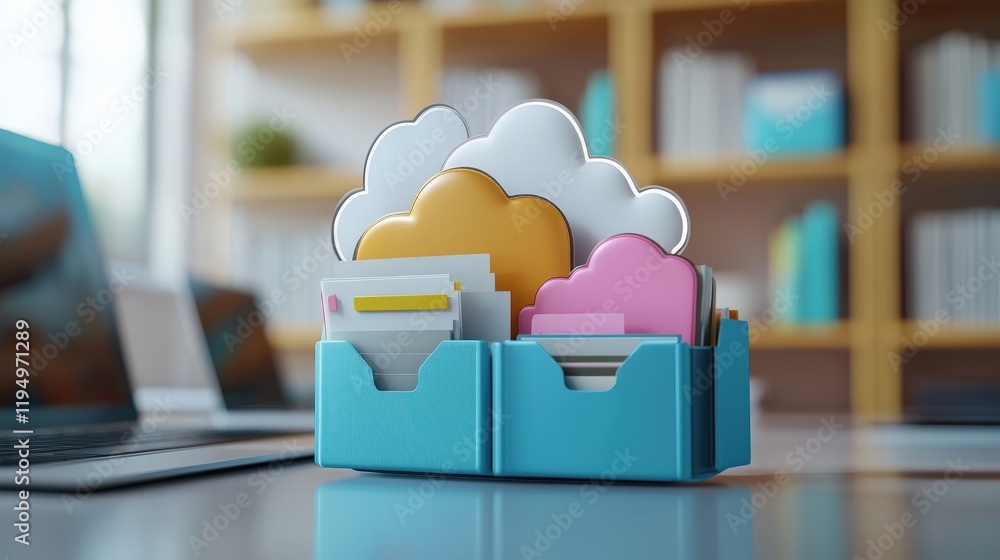 Poster colorful storage box with documents and cloud icons representing online documentation and database m