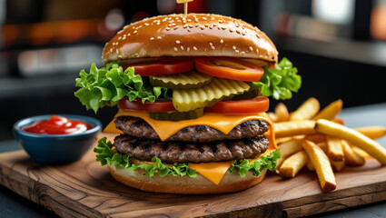 A towering cheeseburger with a perfectly grilled beef patty, melting cheddar cheese, fresh lettuce, juicy tomato, crunchy pickles, and a toasted sesame seed bun, placed on a wooden serving board with 