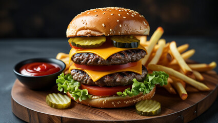 A towering cheeseburger with a perfectly grilled beef patty, melting cheddar cheese, fresh lettuce, juicy tomato, crunchy pickles, and a toasted sesame seed bun, placed on a wooden serving board with 