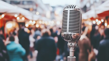 Microphone on Stage in Front of Crowd