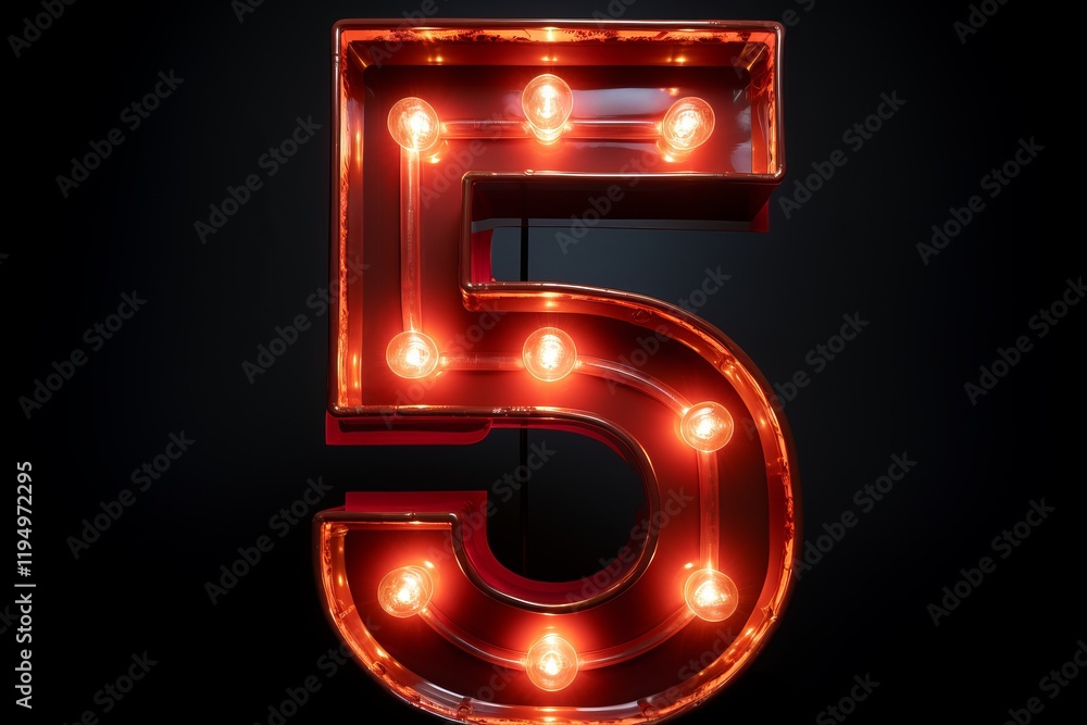 Poster bright red illuminated number five in a dark setting evokes nostalgia and excitement. generative ai