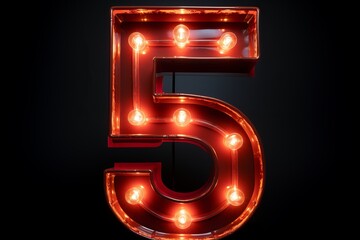 Bright red illuminated number five in a dark setting evokes nostalgia and excitement. Generative AI