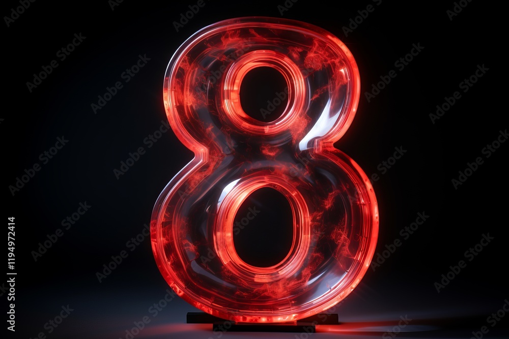 Poster glowing red number eight on a dark backdrop captivates the viewer's attention. generative ai