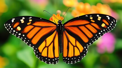 Obraz premium Close-Up Butterfly on Flower with Blurred Floral Background and Copy Space: Blooming Spring Meadow with Wildflowers and Colorful Butterfly for Nature Wildlife Banner, Poster, and Postcard Design