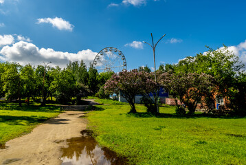 Ferris wheel attraction in the park on a summer day.