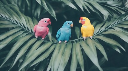 Colorful Parakeets Perched on Green Leaves
