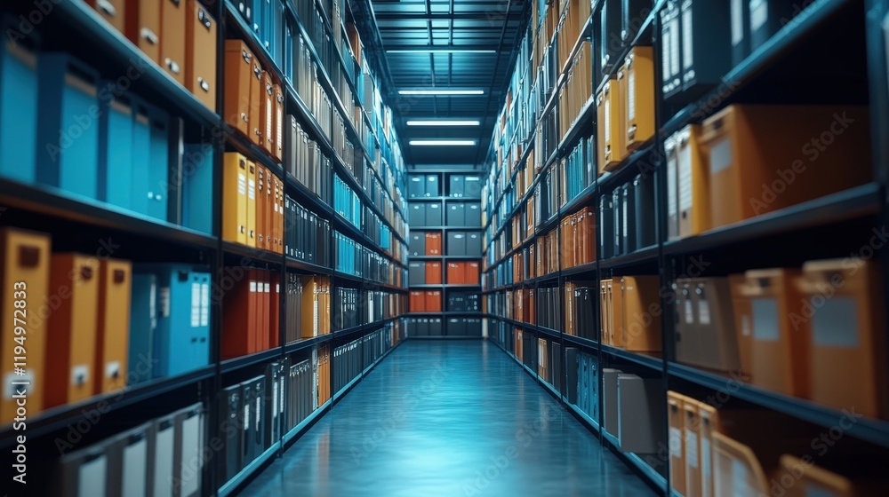 Poster digital document management system in a modern online database showcasing organized shelves filled w