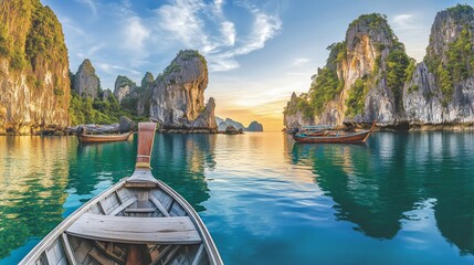 Serene sunrise in ha long bay with traditional boats and limestone cliffs