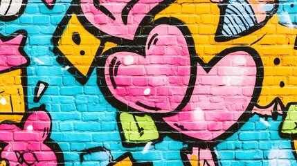 Wall full of colorful graffiti, including pink hearts.