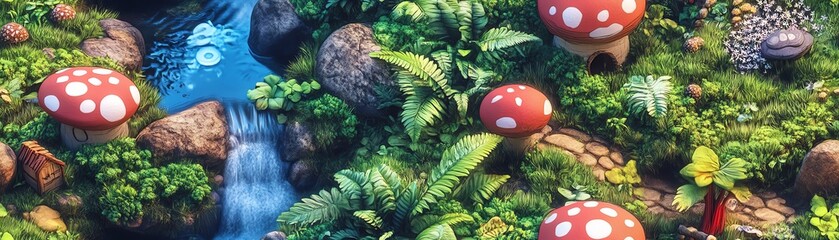 Enchanted forest scene with vibrant mushrooms, cascading waterfall, and lush greenery. Perfect for fantasy, fairytale, and nature themes.