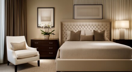 Modern Bedroom Interior with Neutral Tones, Featuring a Cozy Bed, Elegant Nightstands, and Large Windows Illuminating the Space with Natural Light