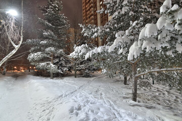 Night city during snowfall. Moscow, Russia