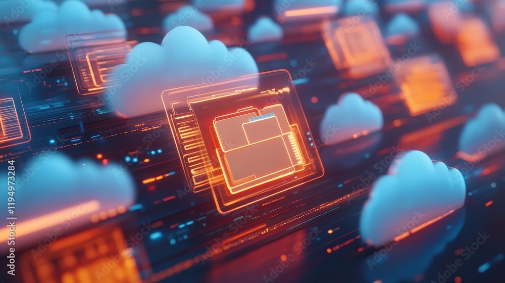 Poster abstract representation of online document management system with digital clouds and file icons in a