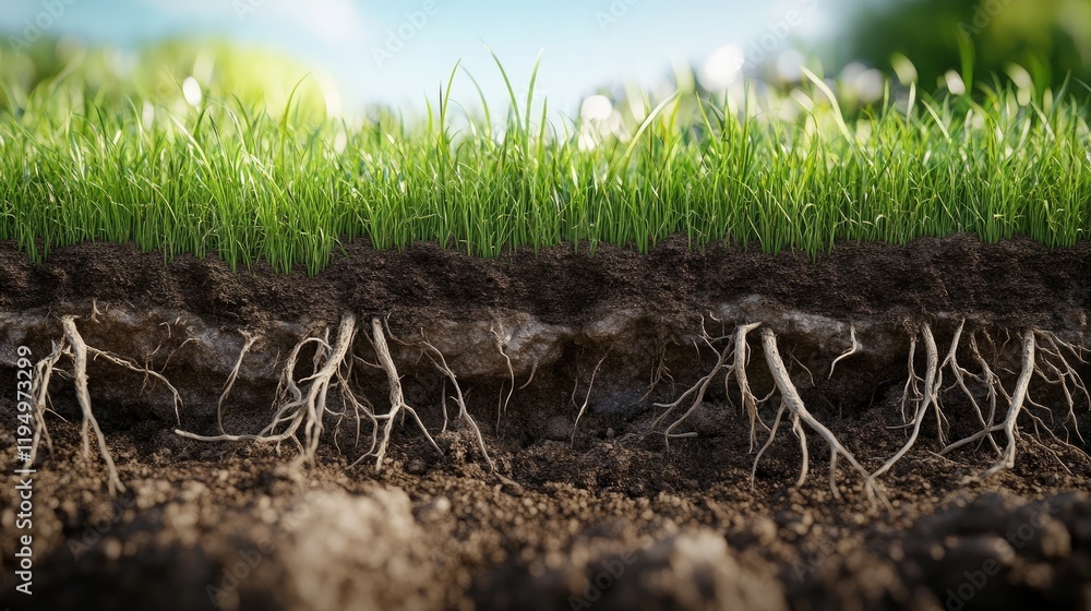Poster a cross-sectional view of grass roots with intricate soil textures, focusing on plant biology in a r