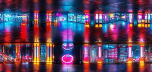Vibrant neon cityscape at night.  Bright colors, glowing signs, and reflections create a futuristic, energetic atmosphere.