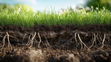Fototapeta premium A cross-sectional view of grass roots with intricate soil textures, focusing on plant biology in a realistic and detailed render.