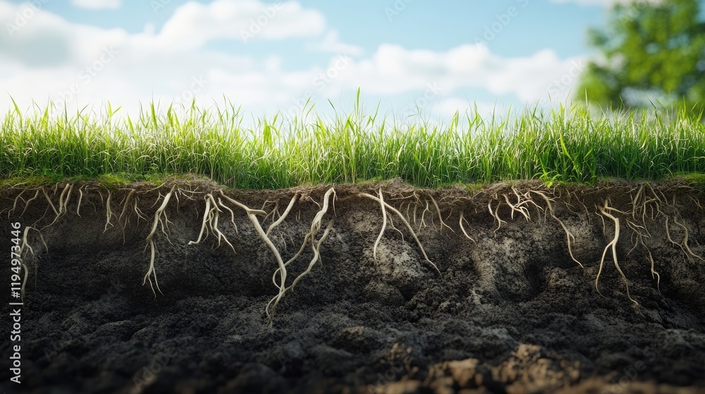 Poster a cross-sectional view of grass roots with intricate soil textures, focusing on plant biology in a r