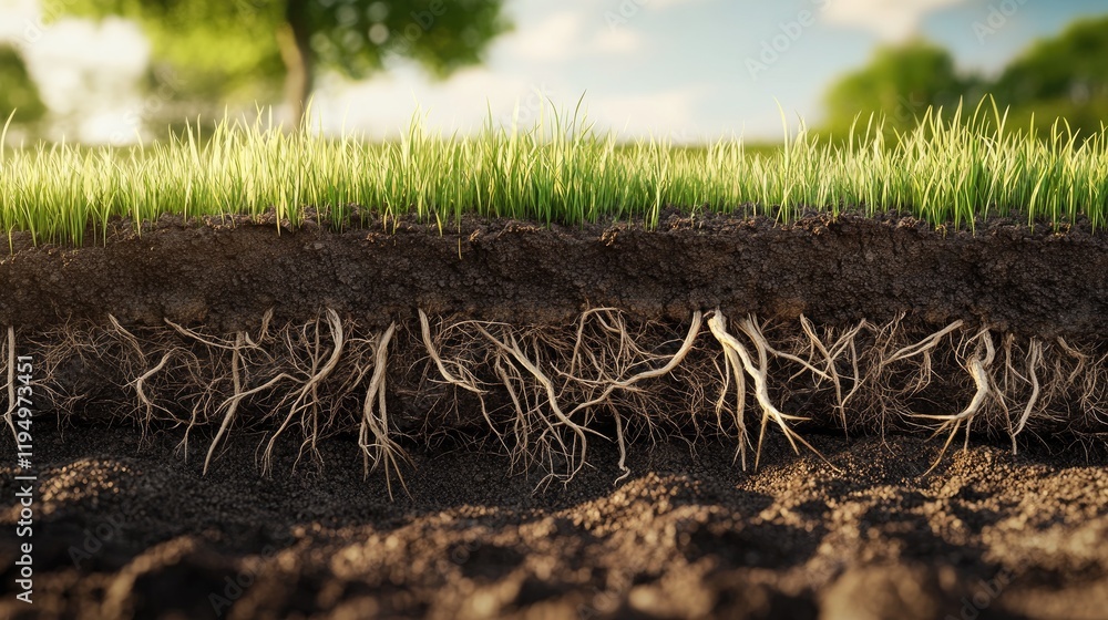 Poster a cross-sectional view of grass roots with intricate soil textures, focusing on plant biology in a r