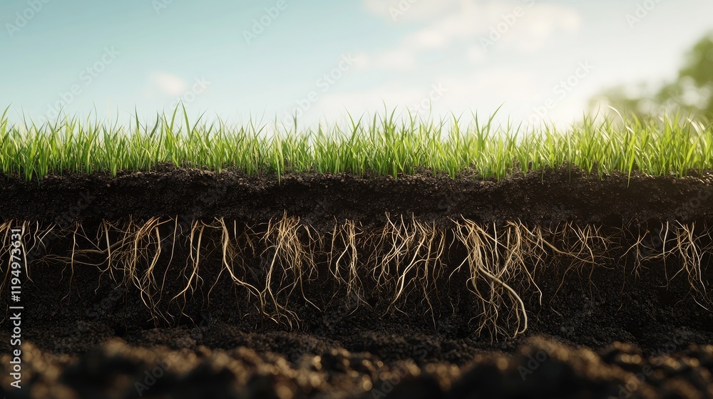 Poster a cross-sectional view of grass roots with intricate soil textures, focusing on plant biology in a r