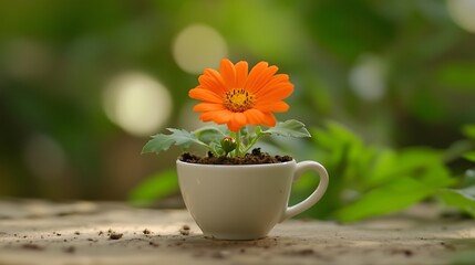A Small Flower Blooms from a Mug