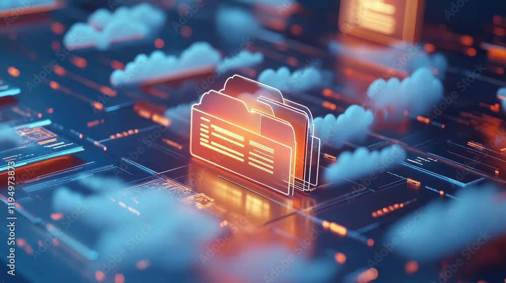 Poster digital cloud storage concept with files, data management, and online documentation visualization in