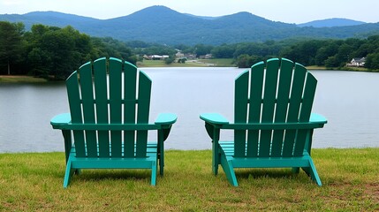 Mountain lake scene with Adirondack chairs