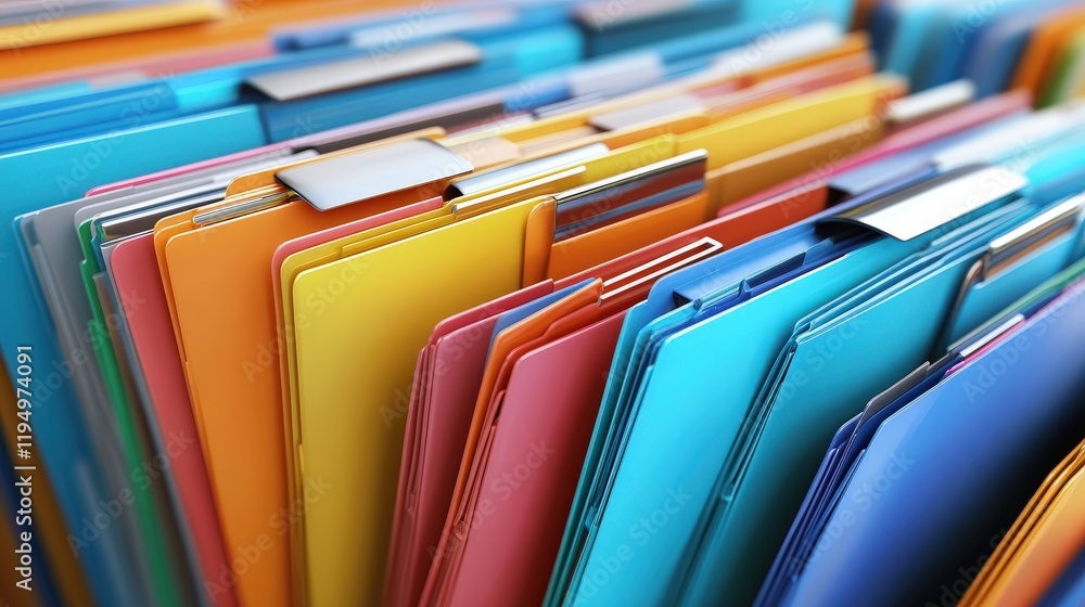 Poster colorful file folders organizing documents in a modern office setting for efficient document managem