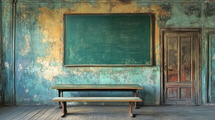 A decaying classroom with a faded green chalkboard and dusty wooden table, holding silent stories of past lessons and forgotten education.