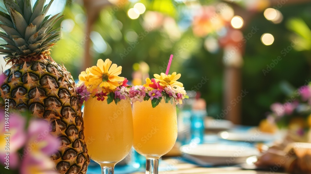 Poster summer picnic celebration with tropical drinks and fresh pineapples on a vibrant table setting. gene