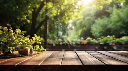 The wooden table top stands empty, with the background of a garden in a delightful blur. 