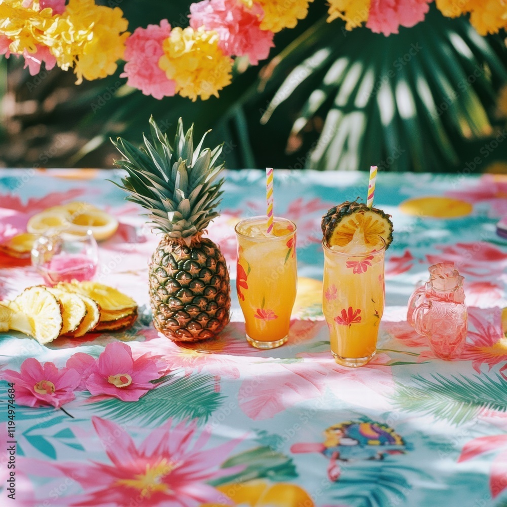 Poster summer picnic features tropical drinks and fresh pineapples on a vibrant table covered in flowers an