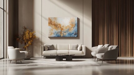 A beautiful canvas frame 3D mockup placed on a modern living room wall with sleek furniture and neutral tones