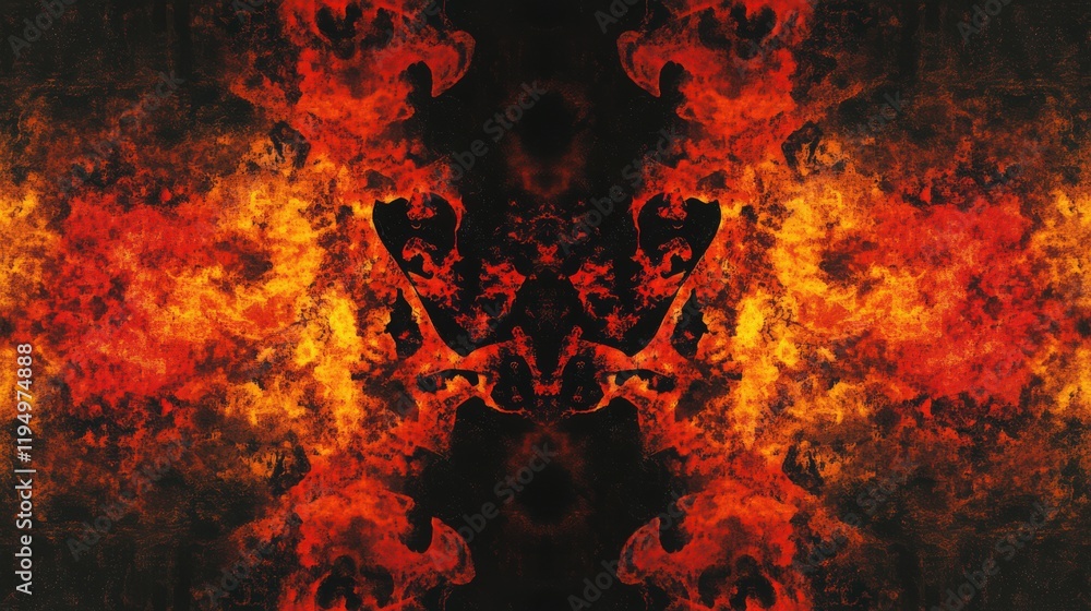 Poster abstract fiery symmetrical pattern with black background and red and yellow flames