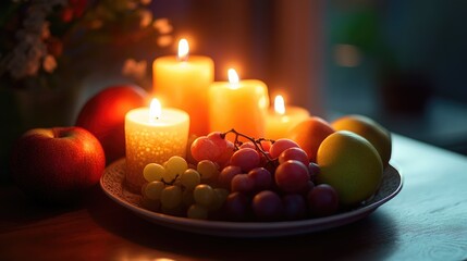 Obraz premium A decorative plate filled with fresh fruits and lit candles, creating a cozy and inviting ambiance that radiates warmth and comfort.
