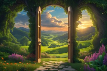 An open door stands in a green landscape 
