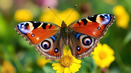 Obraz premium Close-Up Butterfly on Flower with Blurred Floral Background and Copy Space: Blooming Spring Meadow with Wildflowers and Colorful Butterfly for Nature Wildlife Banner, Poster, and Postcard Design