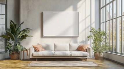 Bright and airy living room featuring a canvas frame 3D mockup on a feature wall with large windows