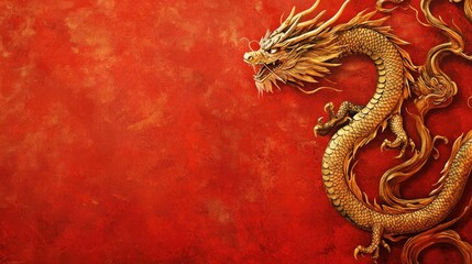Obraz premium A detailed golden dragon winds around a red column, set against a striking red backdrop, representing power and strength in traditional symbolism.