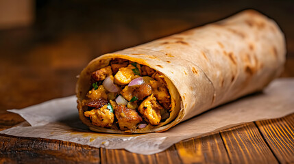 Authentic Indian Kathi Roll with Spiced Chicken, Onions, and Chutney - Classic Street Food Photography
