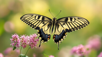 Fototapeta premium Close-Up Butterfly on Flower with Blurred Floral Background and Copy Space: Blooming Spring Meadow with Wildflowers and Colorful Butterfly for Nature Wildlife Banner, Poster, and Postcard Design