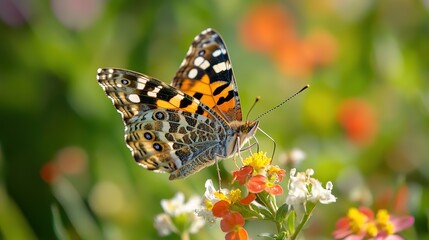 Obraz premium Close-Up Butterfly on Flower with Blurred Floral Background and Copy Space: Blooming Spring Meadow with Wildflowers and Colorful Butterfly for Nature Wildlife Banner, Poster, and Postcard Design
